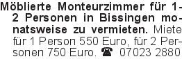 Möblierte Monteurzimmer f