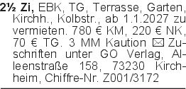 2½ Zi, EBK, TG, Terrasse,
