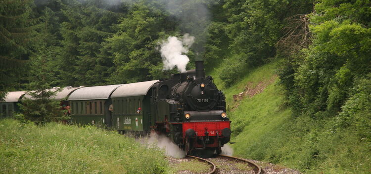 Mit etwa 20 Stundenkilometern schnauft der Dampfzug über die Geislinger Alb von Amstetten nach Gerstetten. Foto: pr