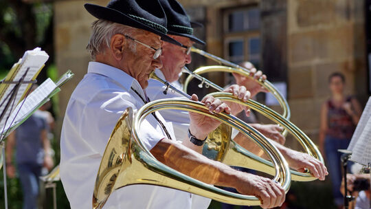 Die Bläser der Jägervereinigung Nürtingen bliesen zum ersten Mal am Museumsfest. Foto: Thomas Krytzner Die Bläser der Jägervereinigung Nürtingen bliesen zum ersten Mal am Museumsfest. Foto: Thomas Krytzner