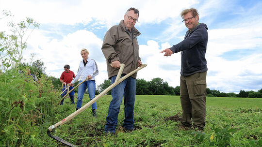 Wolf Rühle (rechts) kürzt seit seiner Jugend das Gras mit der Sense. Sein Wissen gibt er in Kursen weiter. Fotos: Daniela Haußma