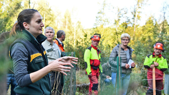 Carla Hohberger erklärt dem Kirchheimer Gemeinderat, was im Talwald aus forstlicher Sicht geschieht. Fotos: Markus Brändli Carla Hohberger erklärt dem Kirchheimer Gemeinderat, was im Talwald aus forstlicher Sicht geschieht. Fotos: Markus Brändli