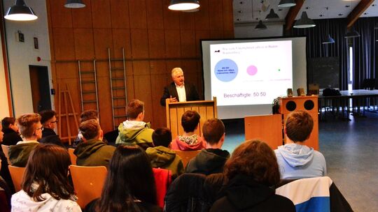 Geballte Information für die Achtklässler der Lenninger Realschule: Professor Peter Schäfer spricht in der Aula. Fotos: Günter K Geballte Information für die Achtklässler der Lenninger Realschule: Professor Peter Schäfer spricht in der Aula. Fotos: Günter K