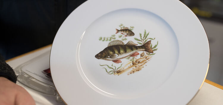 Auf jedem von Ebazars Tellern ist ein anderer Fisch abgebildet.