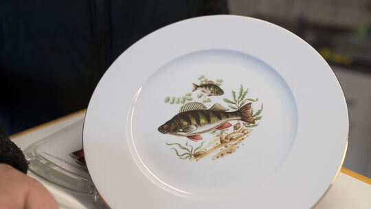 Auf jedem von Ebazars Tellern ist ein anderer Fisch abgebildet. Auf jedem von Ebazars Tellern ist ein anderer Fisch abgebildet.