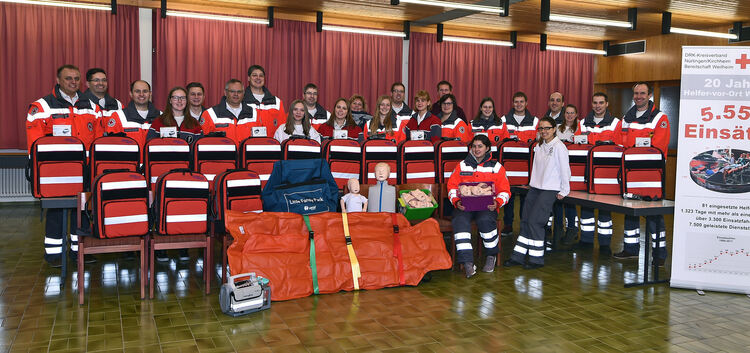 Mitglieder des DRK Weilheim zeigen die Notfallrucksäcke.