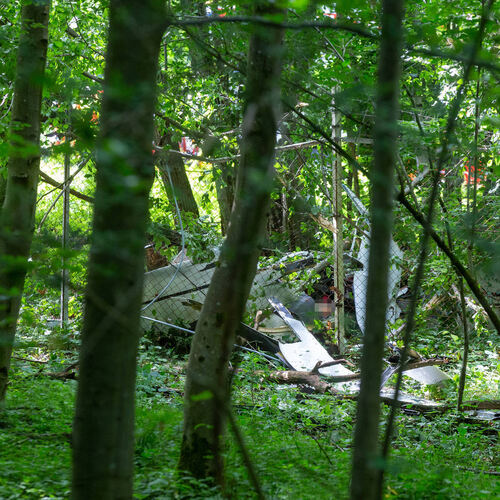 Die Trümmerteile des Segelflugzeugs lagen im Wald verstreut.