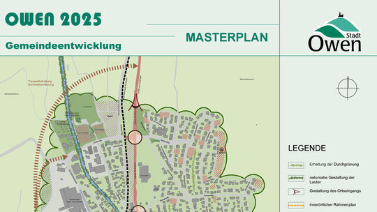 In Nord-Süd-Richtung durchschneidet die B¿465 Owen (im Plan von links nach rechts). Um einen Teil des Verkehrs aus dem Städtchen