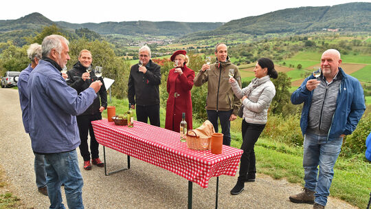 Traditionell lädt Bürgermeister Johannes Züfle (Dritter von rechts) im Herbst zum Rundgang durch den Weinberg an der Limburg ein