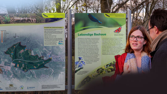 Anja Beuter und Philipp Reuff stellen die sieben neuen Infotafeln im Naturschutzgebiet zwischen Jesingen und Ohmden vor. Foto: C