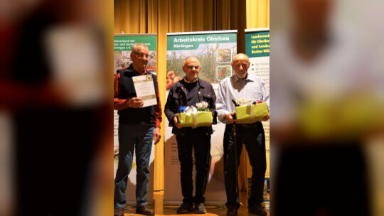 Für die geehrten Mitglieder Karl Maier, Bernhard Janorschke und Hans Kiener (von links) gab es Anstecker und Präsente. Foto. Tho