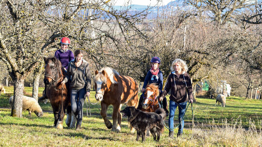 Birgit Haack-Braun (rechts) und Tochter Maja (links) führen zwei Kinder durch die Streuobstwiesen.Fotos: Markus Brändli Birgit Haack-Braun (rechts) und Tochter Maja (links) führen zwei Kinder durch die Streuobstwiesen.Fotos: Markus Brändli