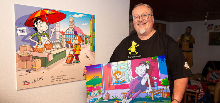 Der Kirchheimer Hans-Jürgen Bader präsentiert zwei seiner erfolgreichen Äffle-und-Pferdle-Sprüche, mit Zeichnungen aus dem Hause