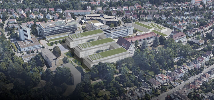 Die Visualisierung zeigt das Klinikum nach Abschluss aller Baumaßnahmen in etwa 15 Jahren. Die grünen Gebäude in der linken Bild
