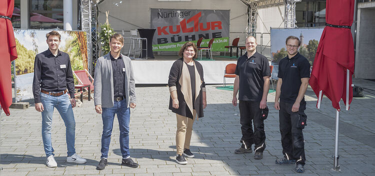 Die Macher der Kulturbühne (v.¿l.): Niklas Nägele vom K3N-Team, Stadthallenmanager Michael Maisch, Kulturamtschefin Susanne Acke