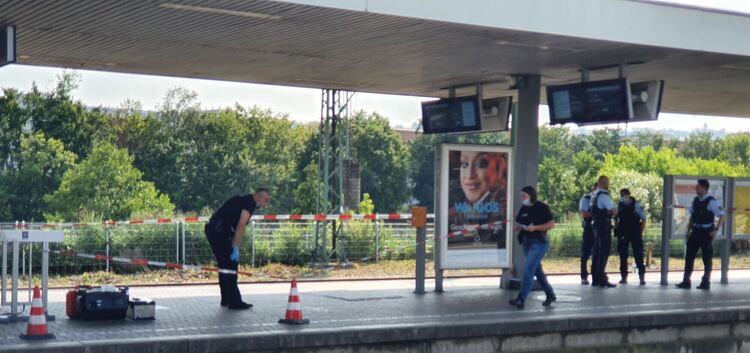 Nach der Tat untersuchen die Beamten der Kriminalpolizei den Bahnsteig am Esslinger Bahnhof.Foto: SDMG/Dietrich