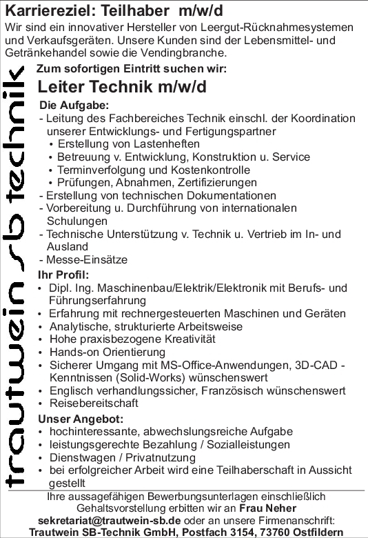 Trautwein sb-technik GmbH; Leiter Techn