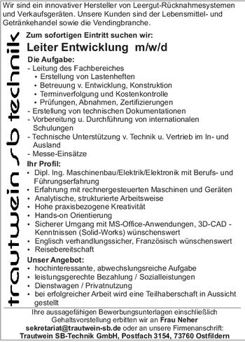 Trautwein sb-technik GmbH; Leiter Entwi