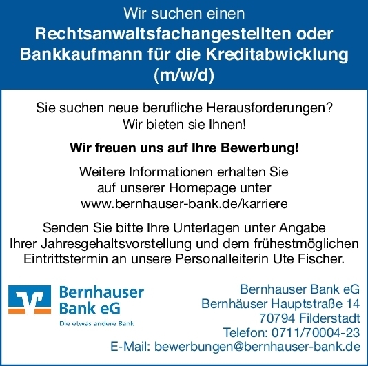 Bernhauser Bank eG; Rechtsanwaltsfachan