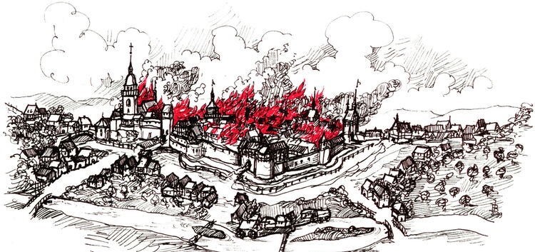 Joachim Burzik das dramatische Geschehen vom Stadtbrand illustriert, das Manfred Wetzel in der Broschüre „Der rote Hahn über Kir