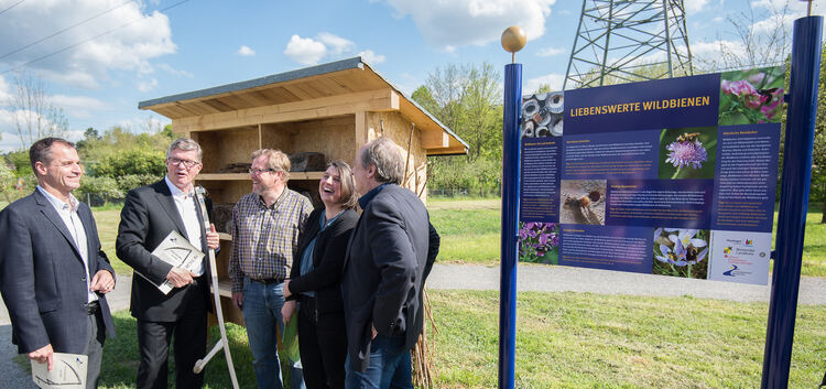 Landrat Heinz Eininger weiht das Wildbienenhaus im Plochinger Landschaftspark Bruckenwasen ein.Foto: Martin Zimmermann