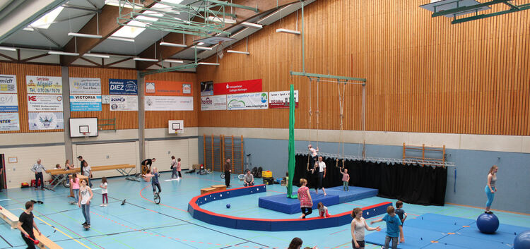 Viel auszuprobieren gab es beim Zirkusworkshop in der Unterlenninger Sporthalle. Fotos: Cornelia Wahl (oben) und Simon Deuschle
