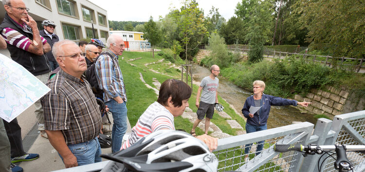 Wenn einer eine Radtour mit der Stadtchefin macht, dann kann er was erfahren, zum Beispiel über Hochwasser am Freihof.Foto: Cars