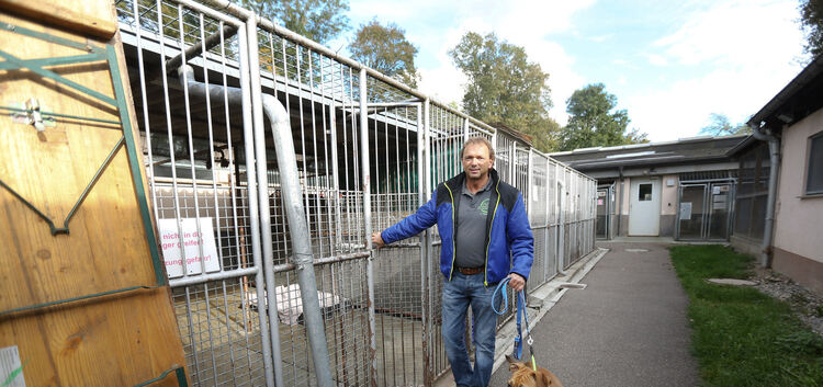 Heimleiter Horst Theillinger zeigt die Verhältnisse: Die Hundeboxen sind beispielsweise alt und viel zu klein. Foto: Bulgrin
