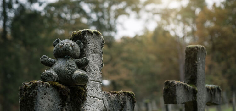 Als wäre er auch aus Stein - so sieht dieser verwitterte Plüschbär auf dem Friedhof einer ehemaligen Psychiatrieklinik aus.